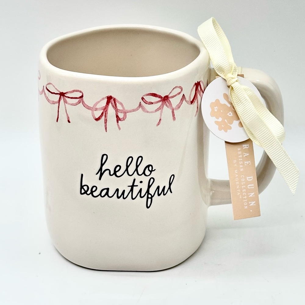 Rae Dunn ‘hello beautiful’ Ceramic Mug with Pink Bow Design - Pink interior